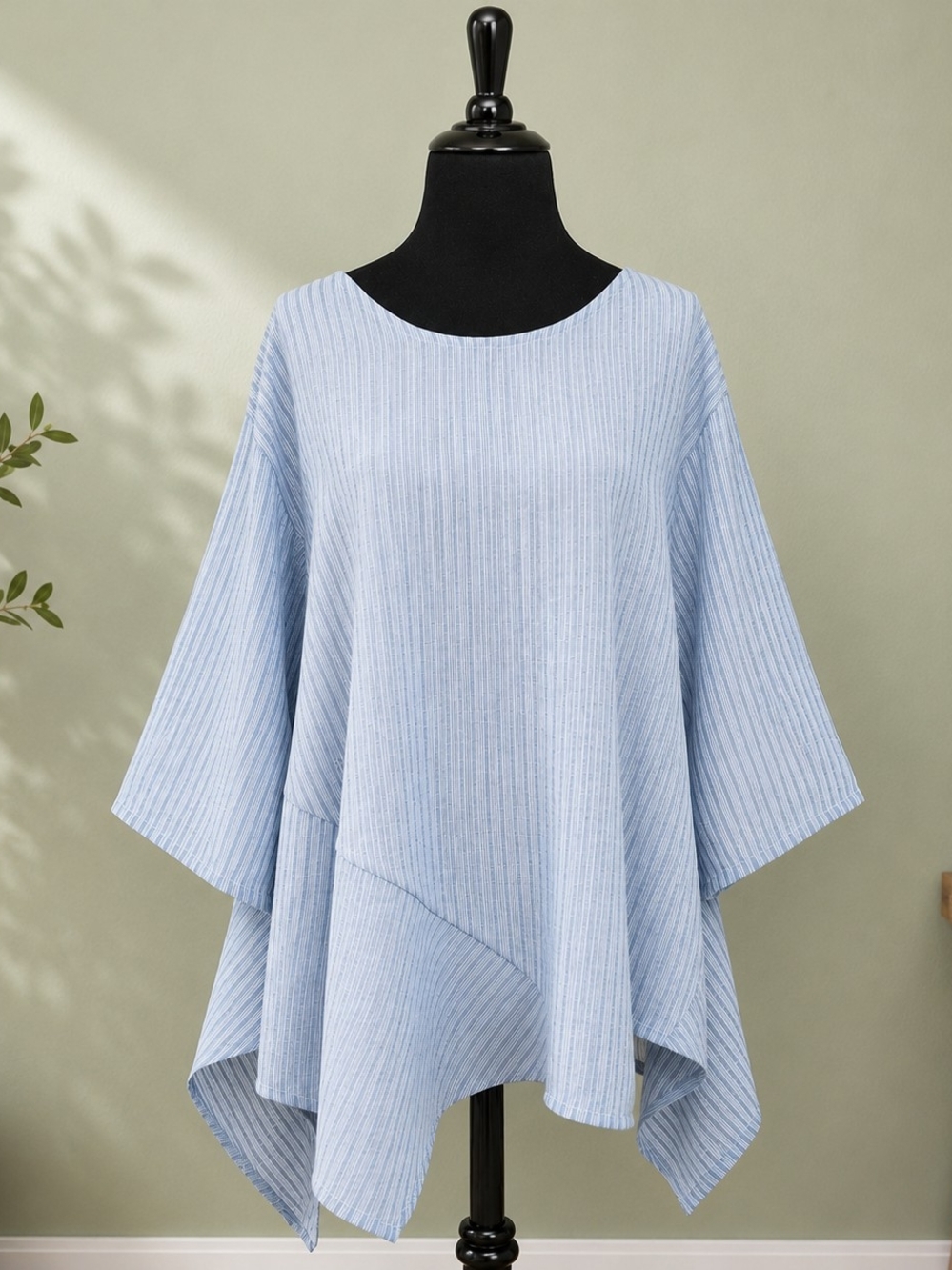 For Cynthia 1X Blue White Pinstripe Linen Blend Tunic Dress High Low Hem Boho